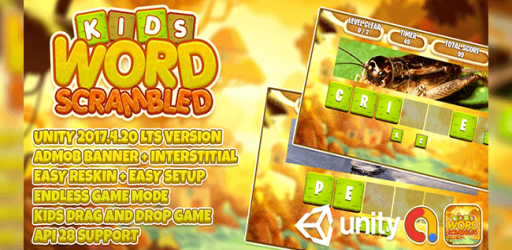 Kids Word Scrambled (Drag  ) + Unity3d LTS + Admob Ads Ready + EASY Reskin