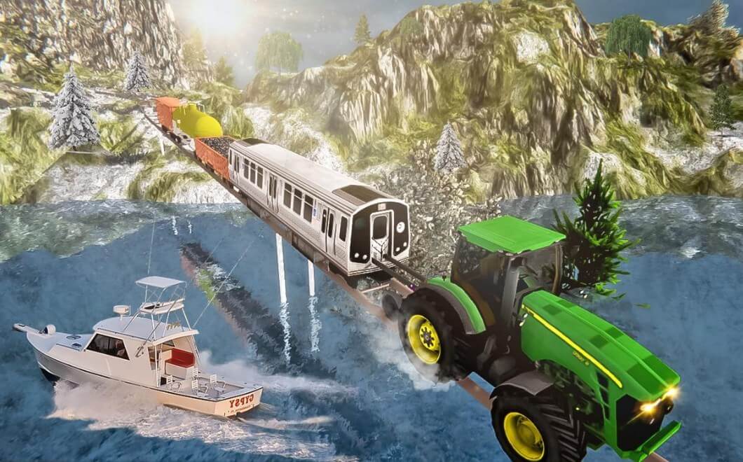 Chained Tractor Towing Train : Tractor Pull Simulator